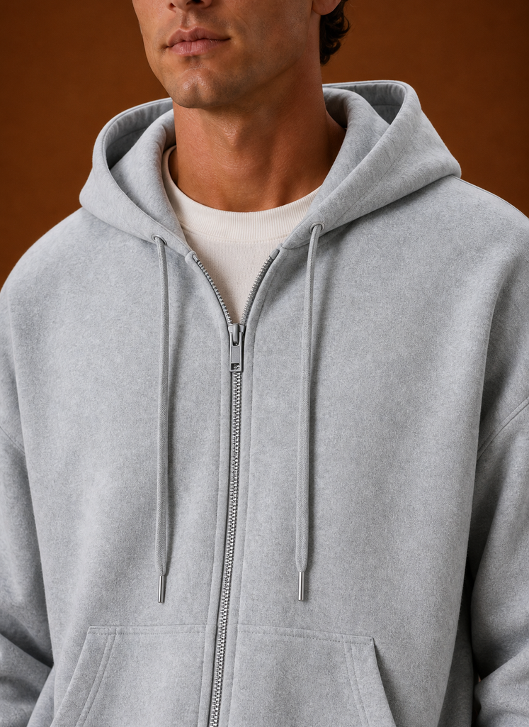 Close-up of the zipper and stitching details on the hoodie