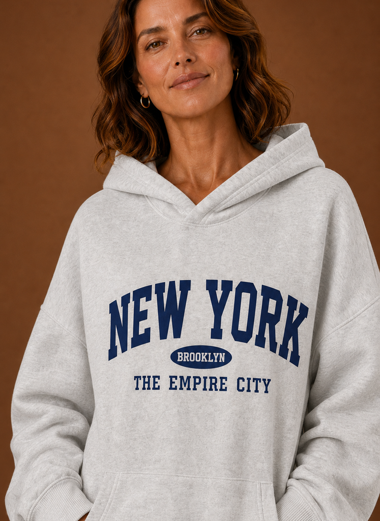 Close-up of the New York printed graphic and hood neckline