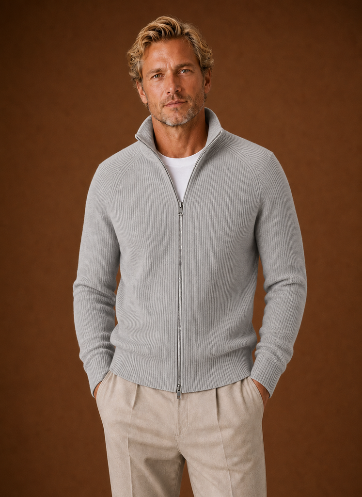 Front view of the Areleon men's full-zip ribbed knit cardigan