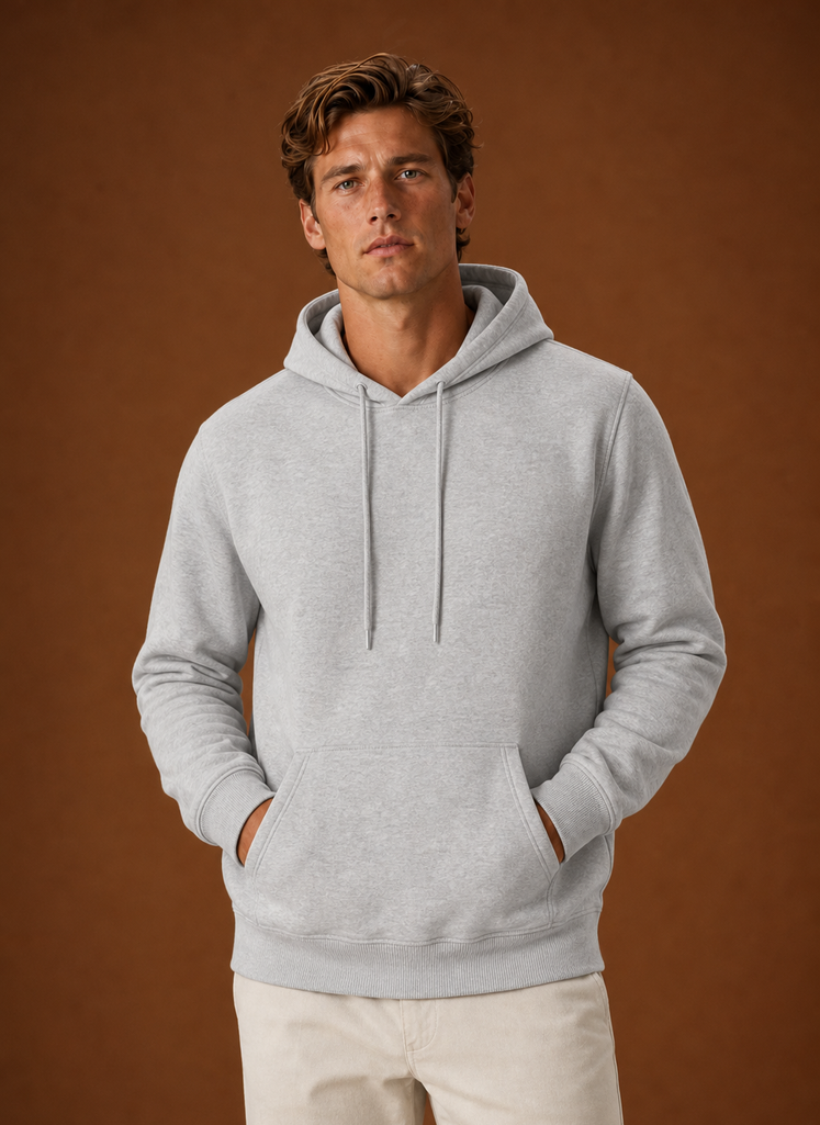Front view of the Areleon men's hoodie on a mannequin showing the hood and full-length sleeves
