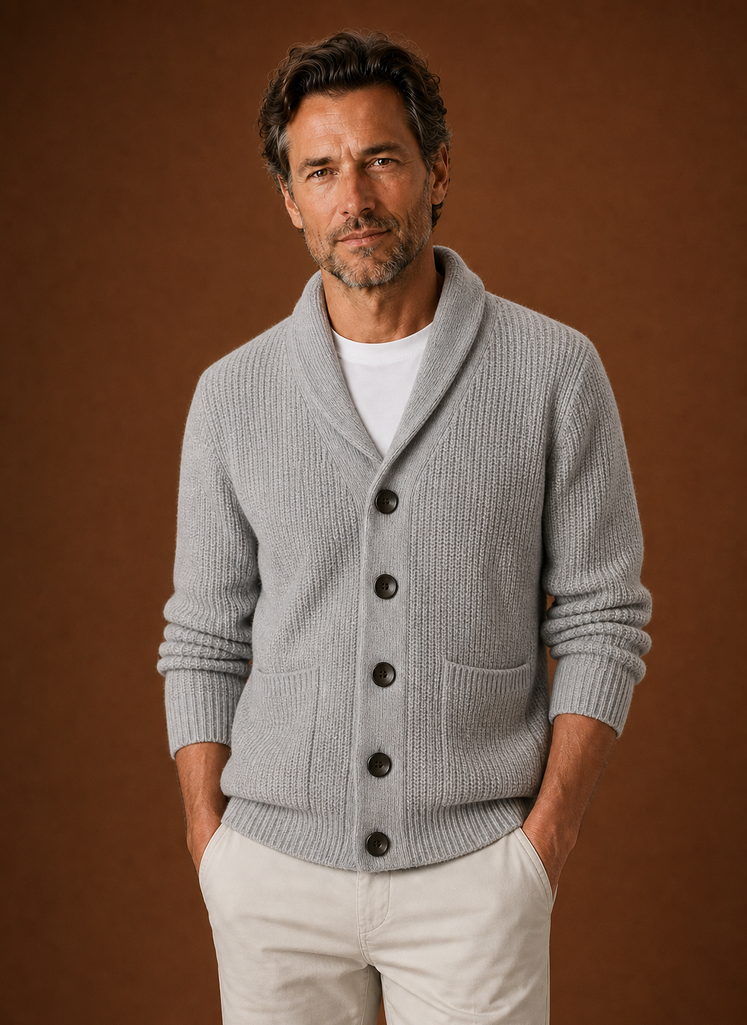 Front view of men's shawl collar cardigan showing the shawl neckline and front silhouette