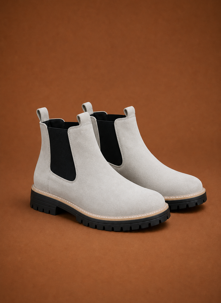Front view of women's Chelsea boots showing toe and lug sole