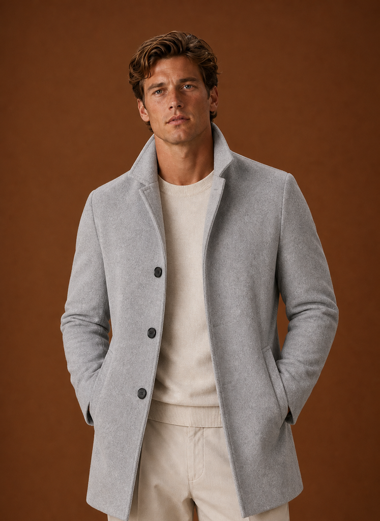 Men's Wool Blend Coat - Classic Button Up Winter Overcoat front view