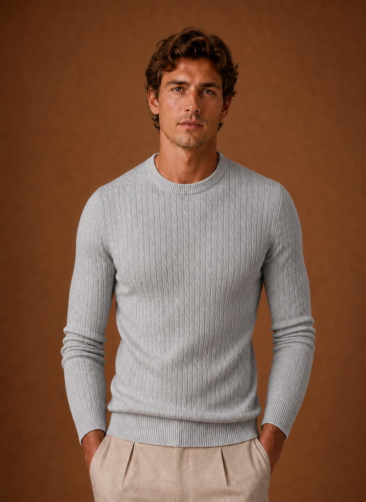 Front view of Areleon men's cable knit crew neck sweater on neutral background