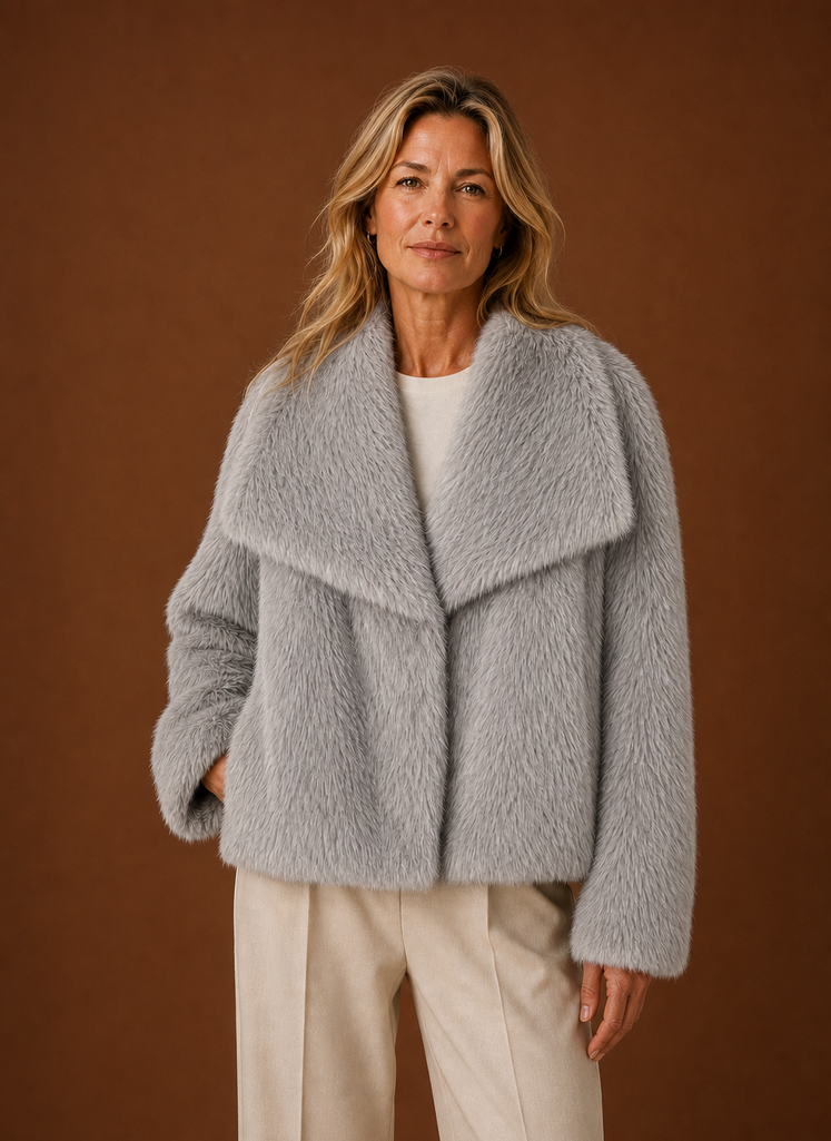 Front view of women's faux fur coat showing open-front silhouette