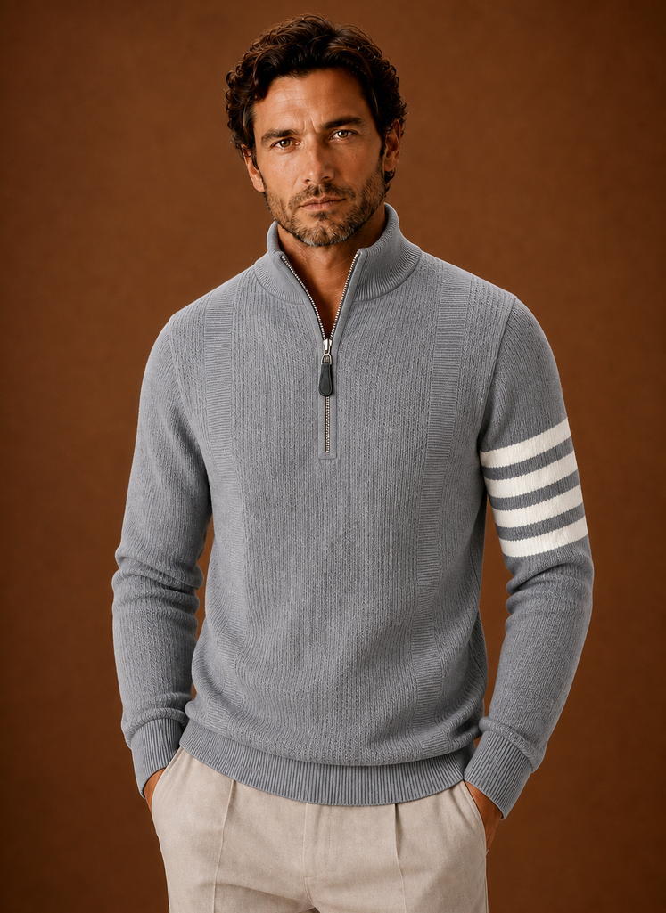 Front view of the men's striped half-zip knit sweater showing the zip neckline and stripe pattern