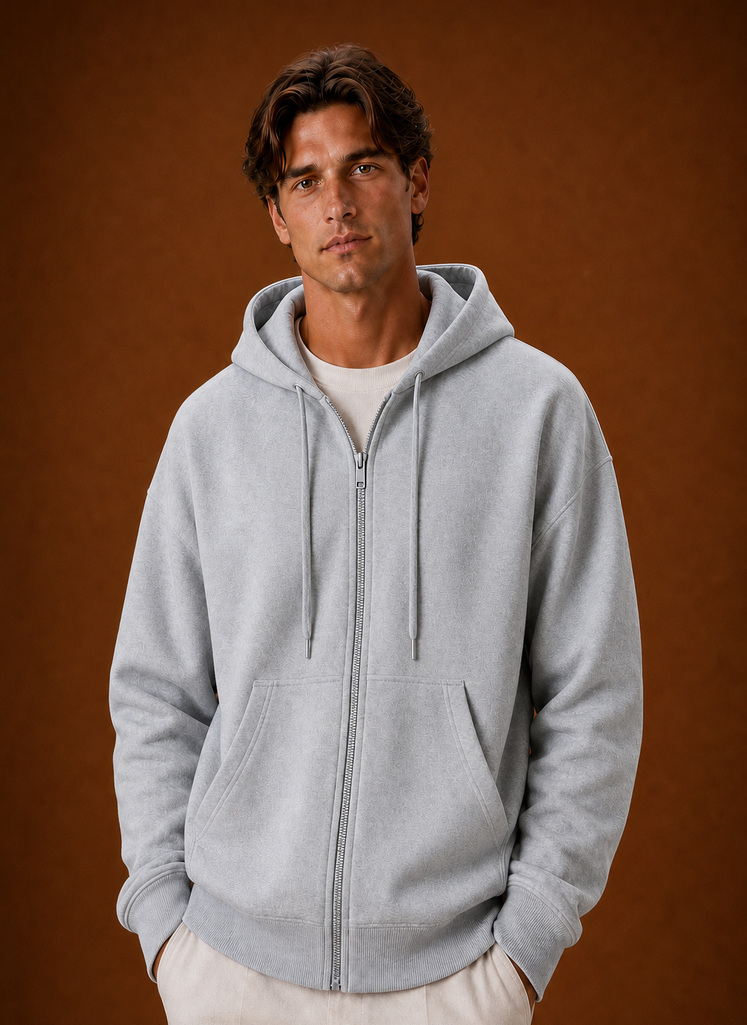 Front view of men's zip-up hoodie on a mannequin showing zip-front and hood