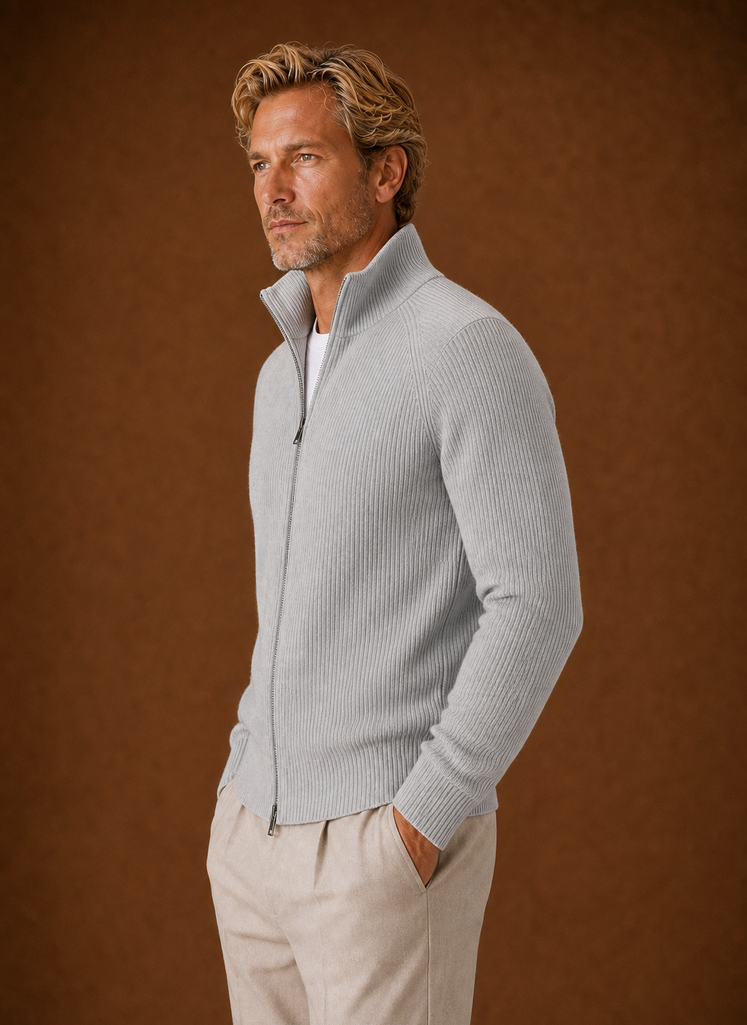 Side profile of the Areleon men's full-zip ribbed knit cardigan