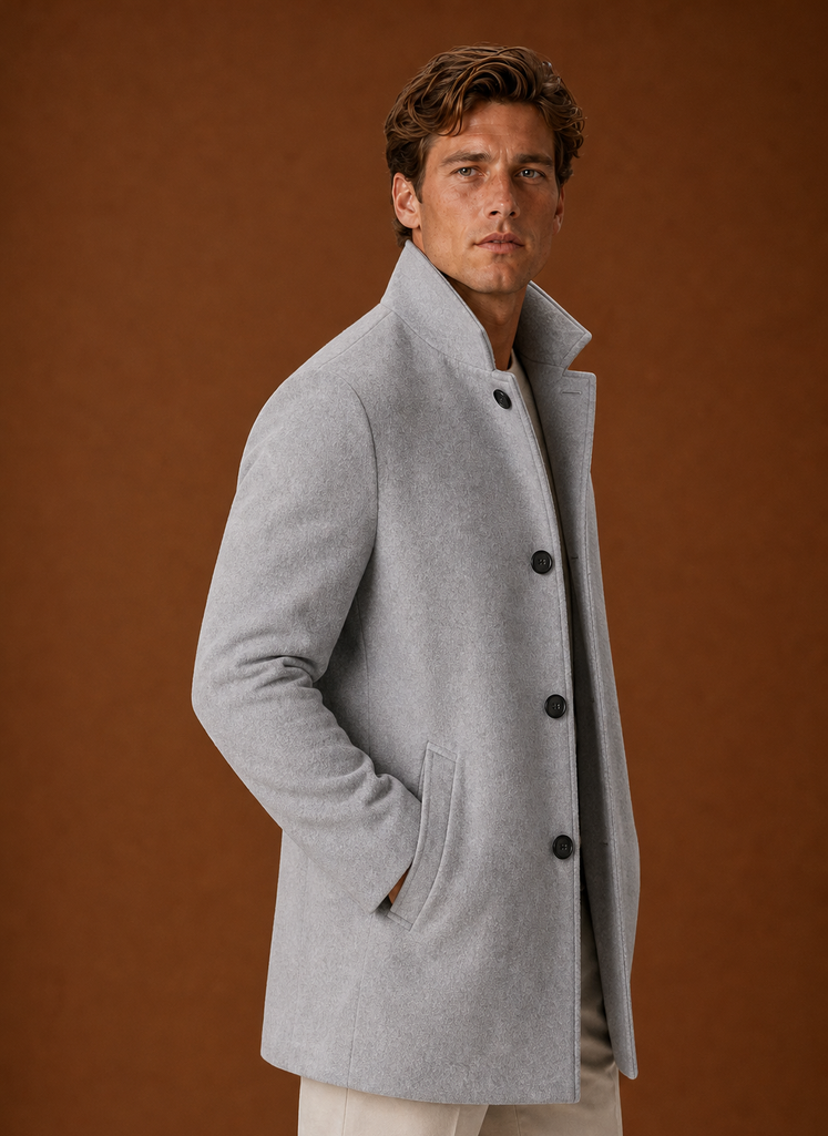Men's Wool Blend Coat - Classic Button Up Winter Overcoat side view