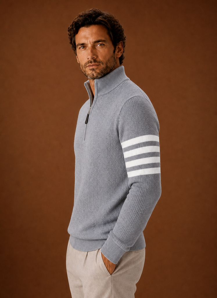 Side view of the sweater showing long sleeve fit and profile
