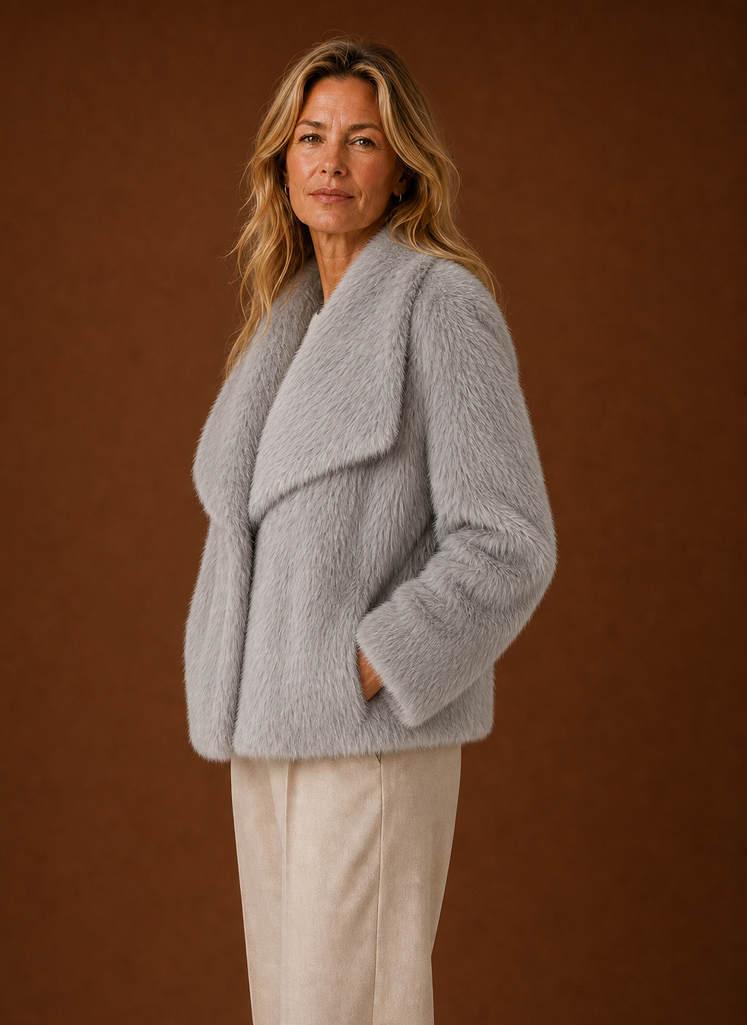Side view of women's faux fur coat highlighting long sleeve profile