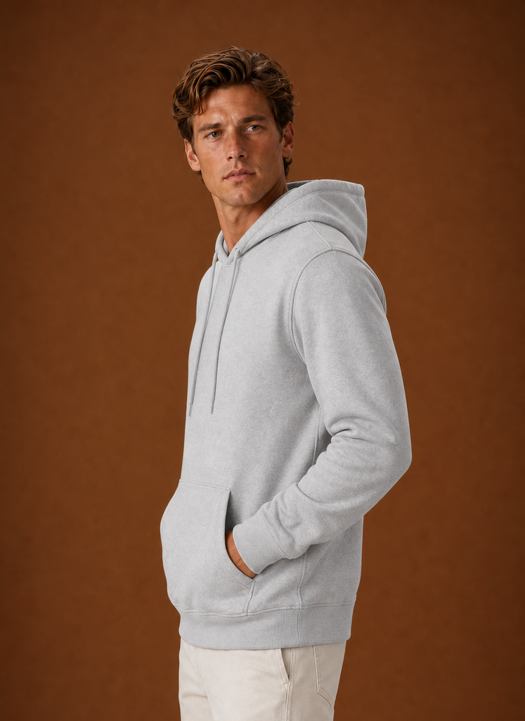 Side profile of the Areleon men's hoodie highlighting the hooded neckline and sleeve fit