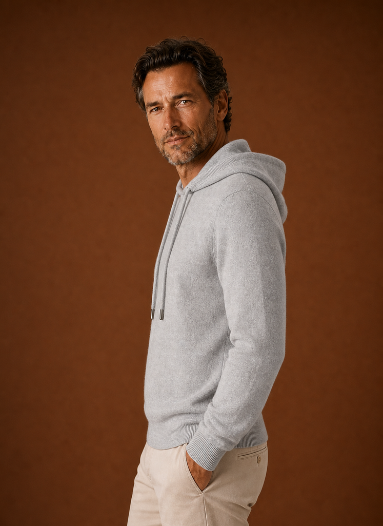 Side profile of Areleon men's hooded sweater showing the hood and sleeve