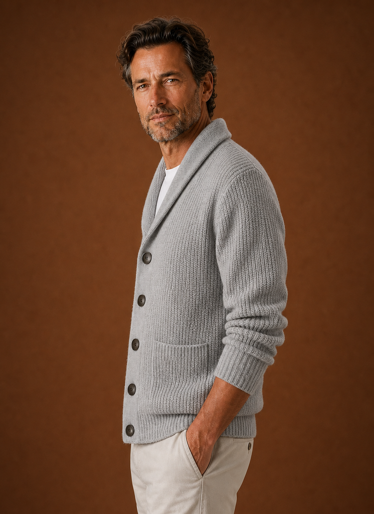Side profile of men's shawl collar cardigan showing sleeve shape and fit