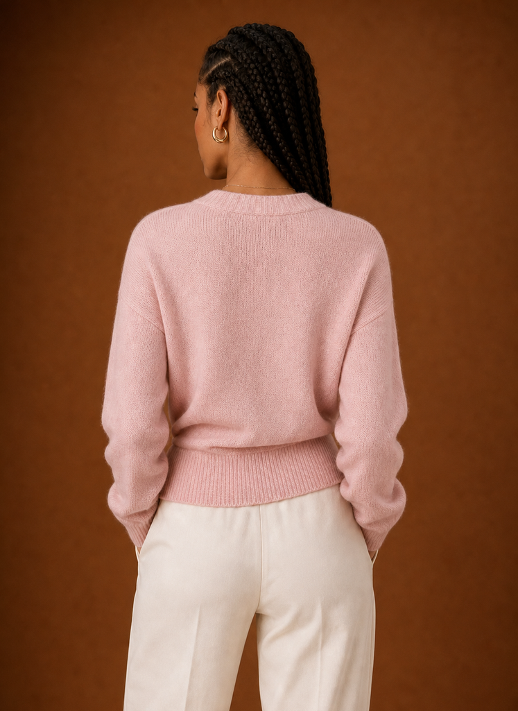 Back view of the sweater showing smooth knit finish and cropped hem
