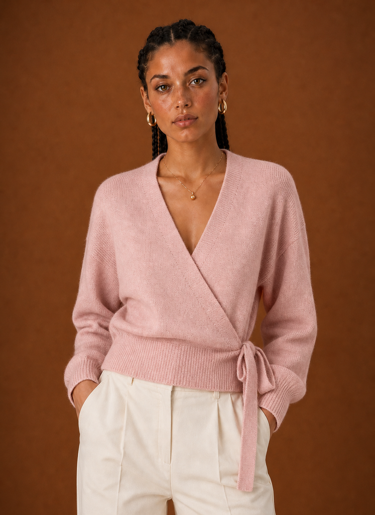 Front view of a women's cropped wrap sweater showing V-neck and tied waist
