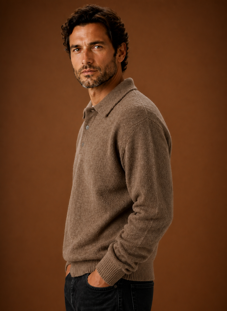 Side view of the Areleon knit cardigan highlighting the long sleeve silhouette