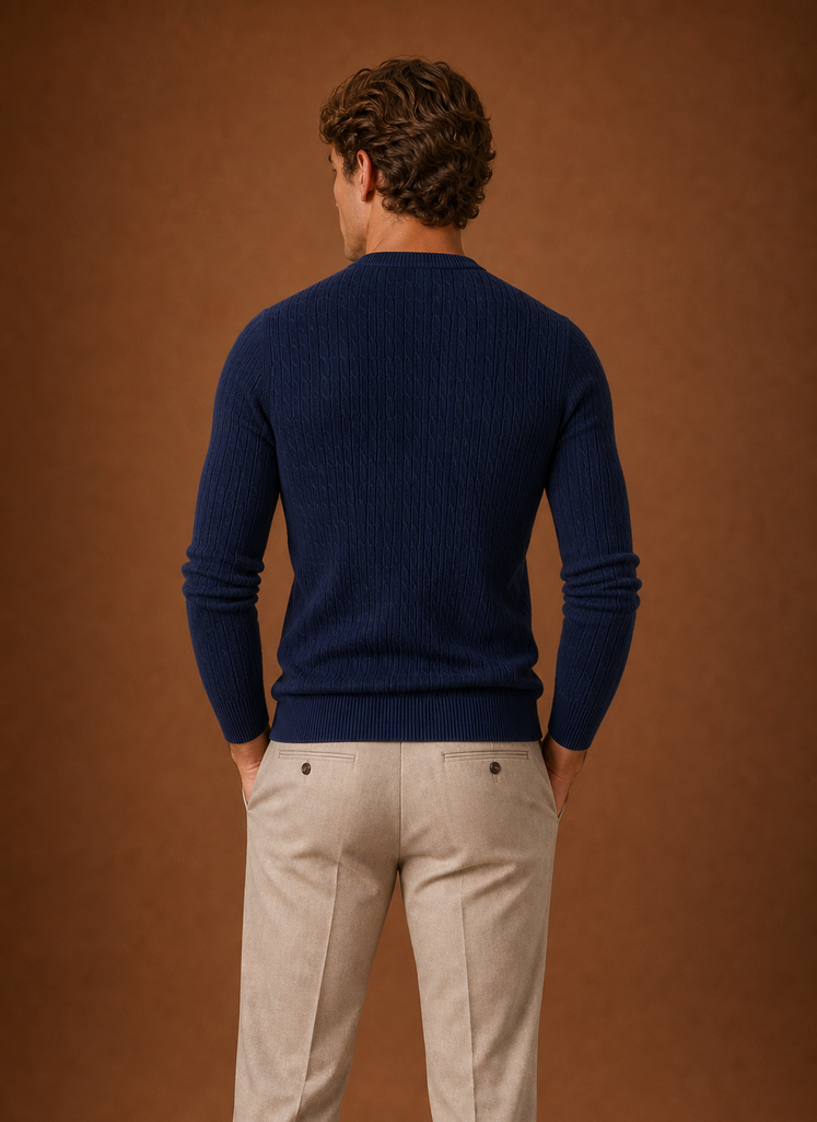 Back view of Areleon men's cable knit crew neck sweater