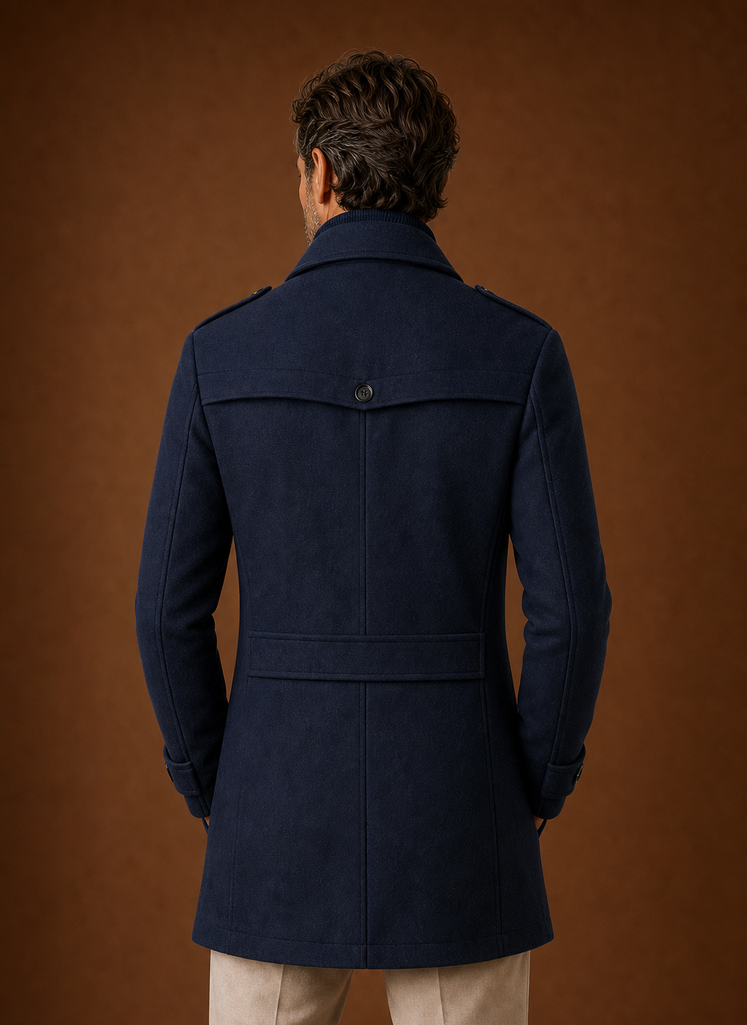 Back view of men's long coat showing clean, full-length design