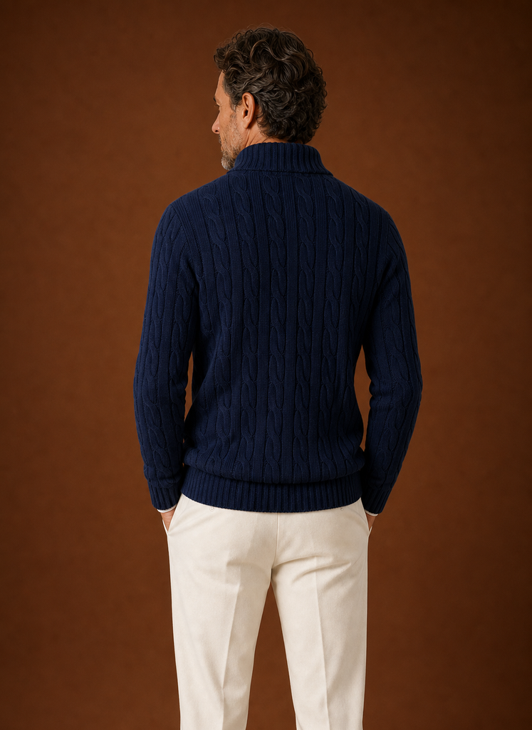 Back view of the men's cable knit quarter-zip sweater