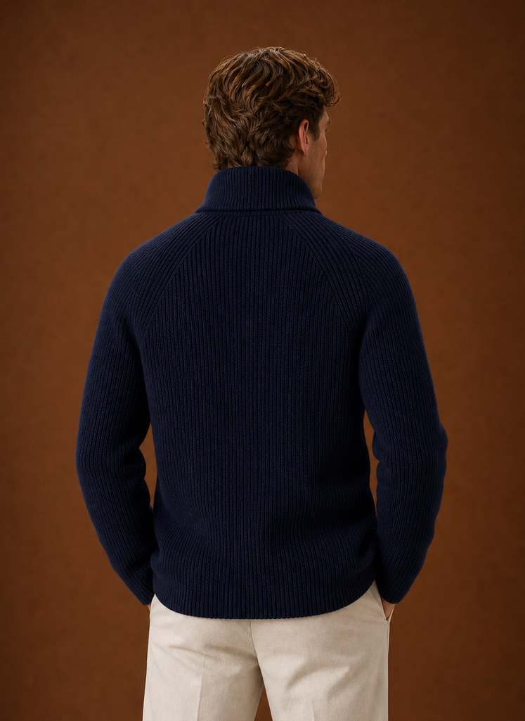 Back view of a men's ribbed knit cardigan displaying the ribbed texture