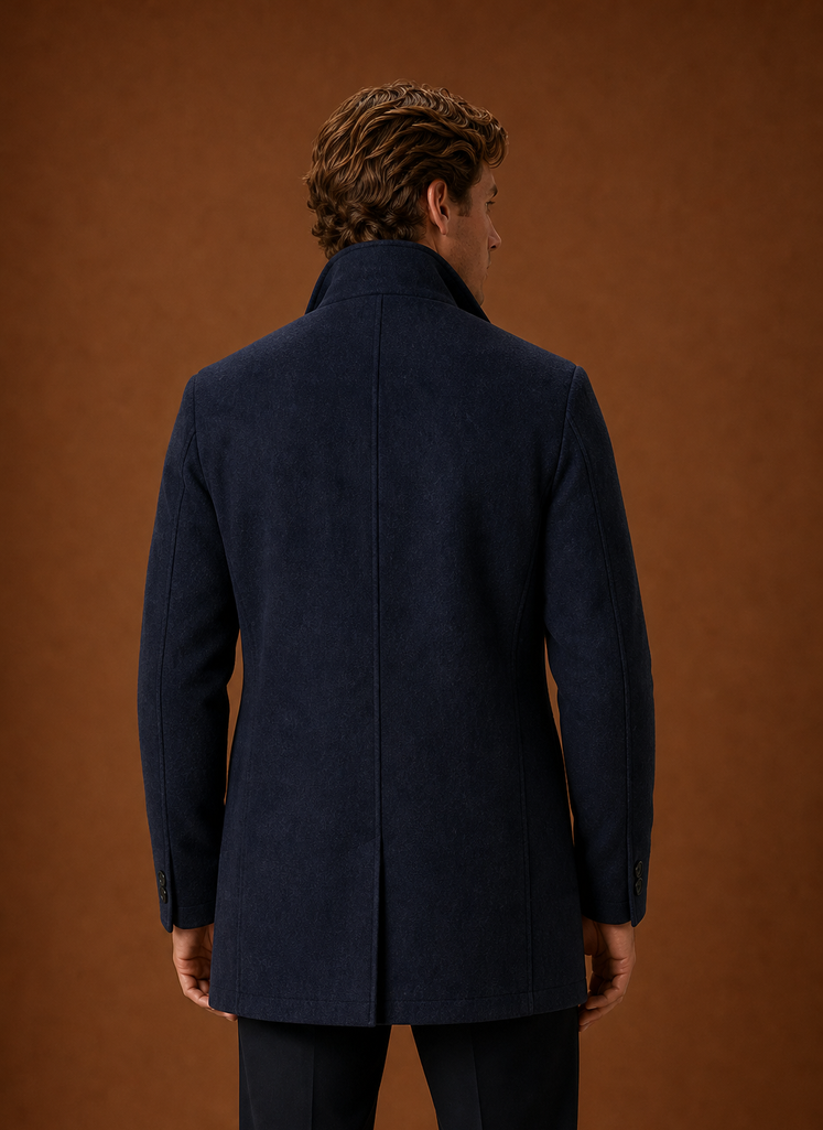 Men's Wool Blend Coat - Classic Button Up Winter Overcoat back view