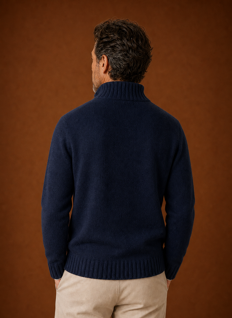 Back view of Areleon men's half-zip knit sweater on a mannequin