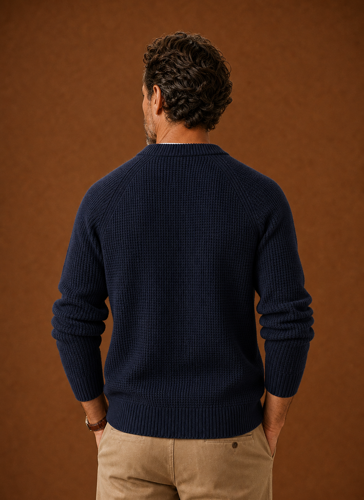 Back view of Areleon men's textured waffle knit crew neck sweater showing full back and hem