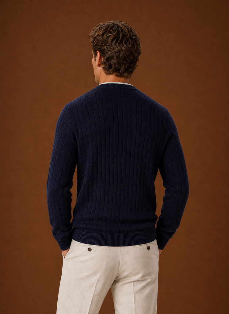 Men's V Neck Cardigan - Ribbed Knit Button Up Sweater back view