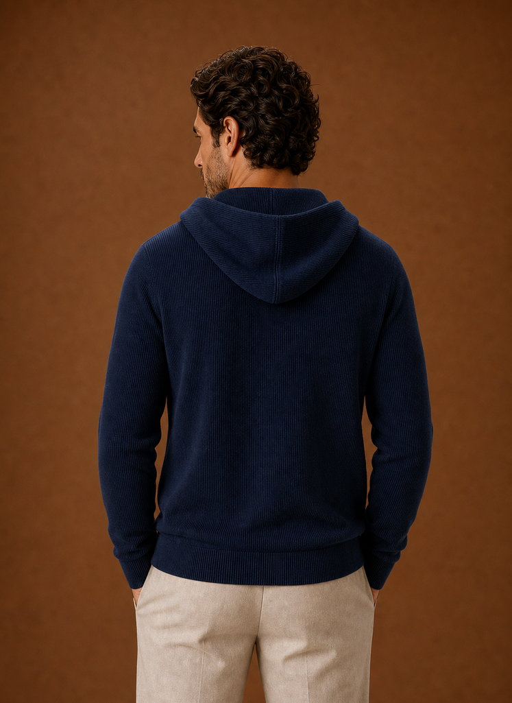 Back view of Areleon men's knit hoodie with hood down