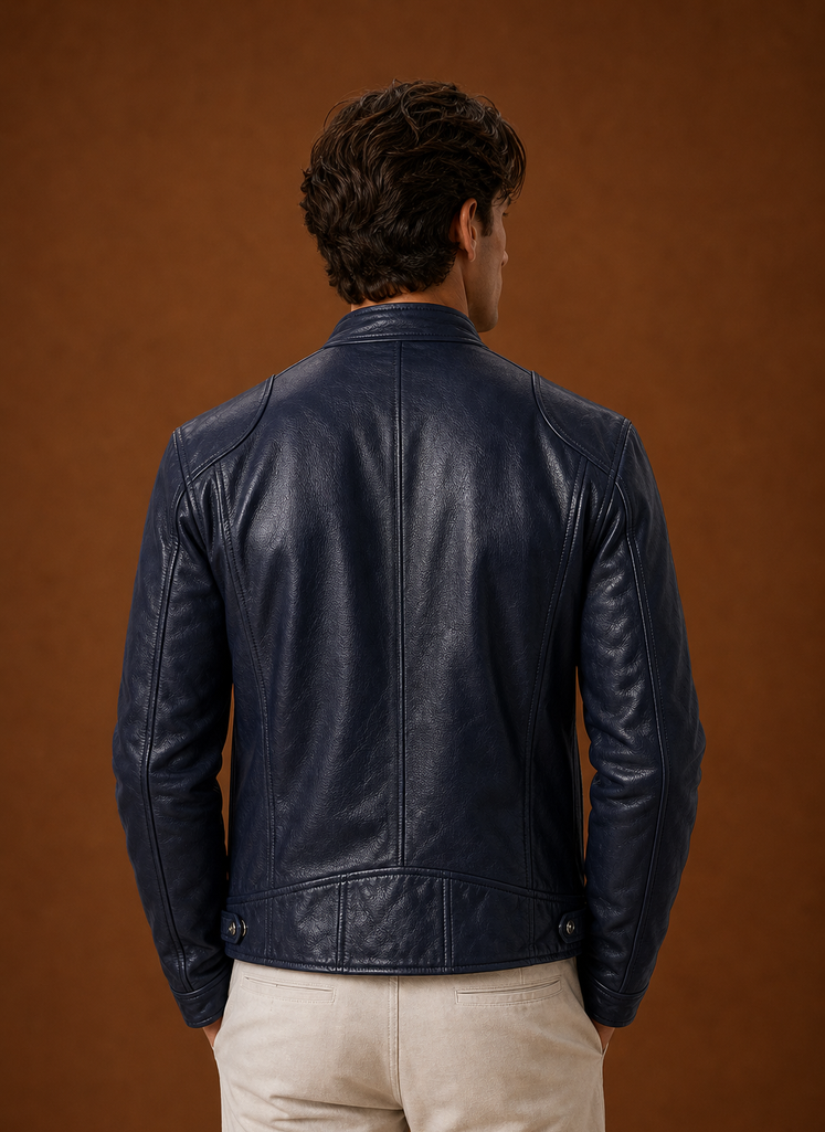 Back view of men's moto jacket showing streamlined silhouette