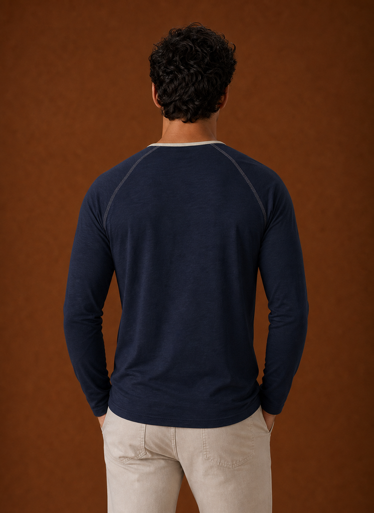 Back view of a men's Henley shirt with plain back detail