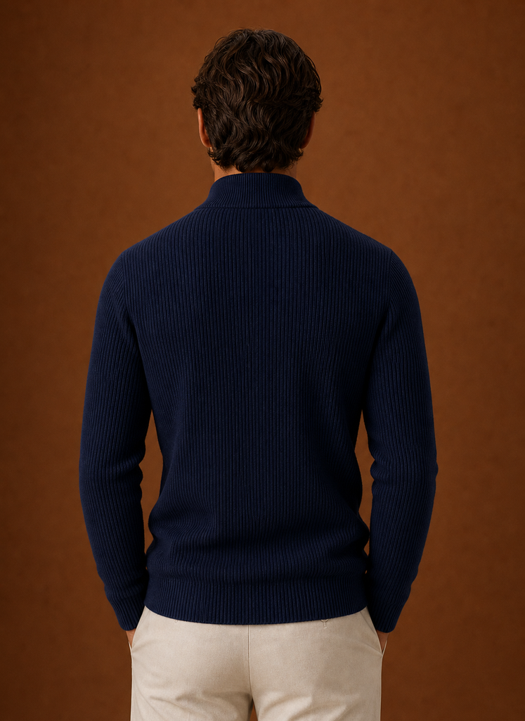 Men's Turtleneck Sweater - Ribbed Roll Neck Knit Pullover back view