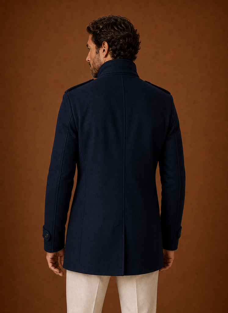 Back view of men's overcoat showing plain back with no buttons