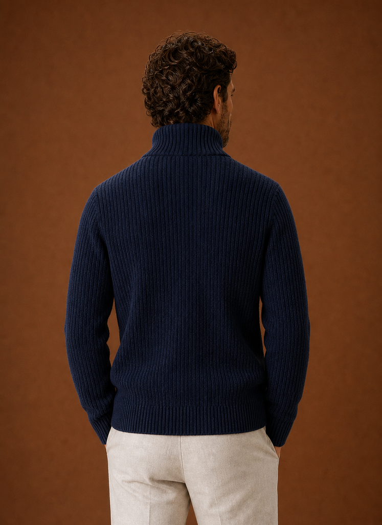 Back view of Areleon men's ribbed knit full zip sweater