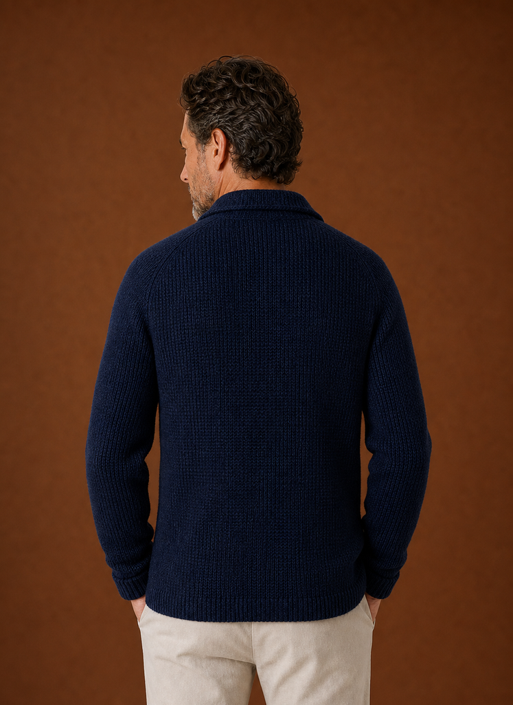 Back view of men's knit cardigan jacket displaying clean silhouette