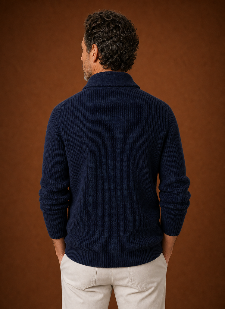 Back view of men's shawl collar cardigan showing the collar and straight hem