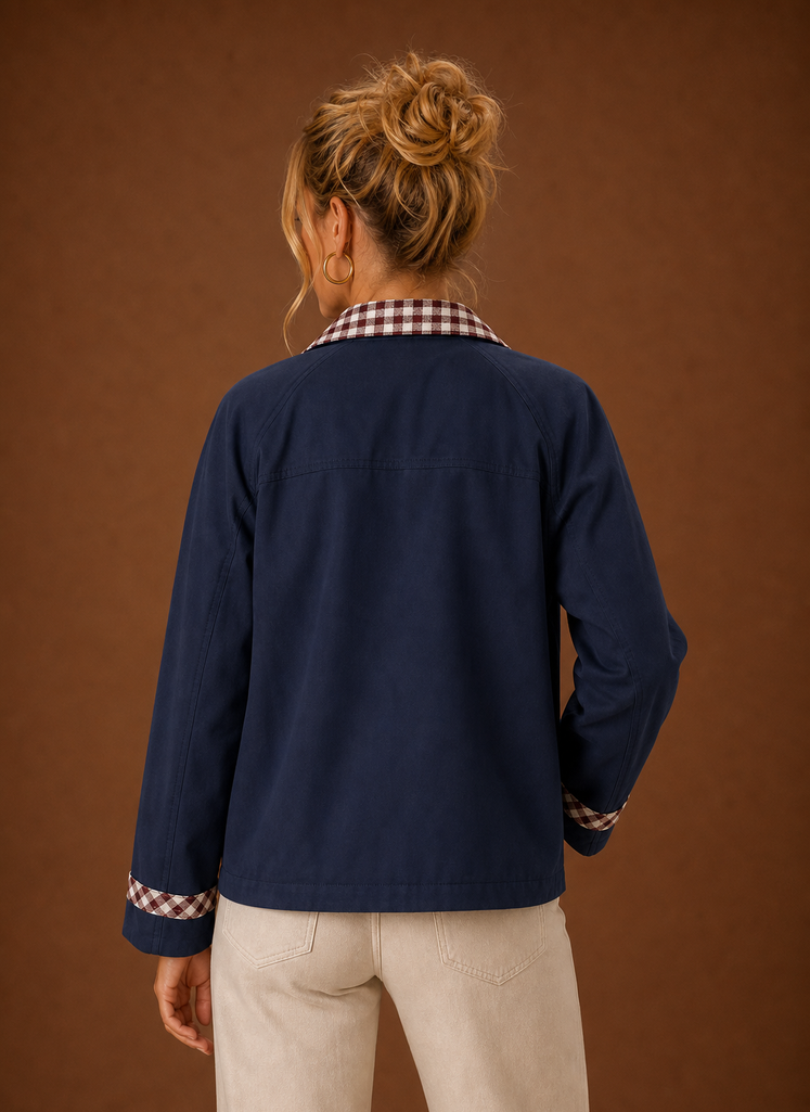 Back view of the barn jacket showing the clean, structured silhouette