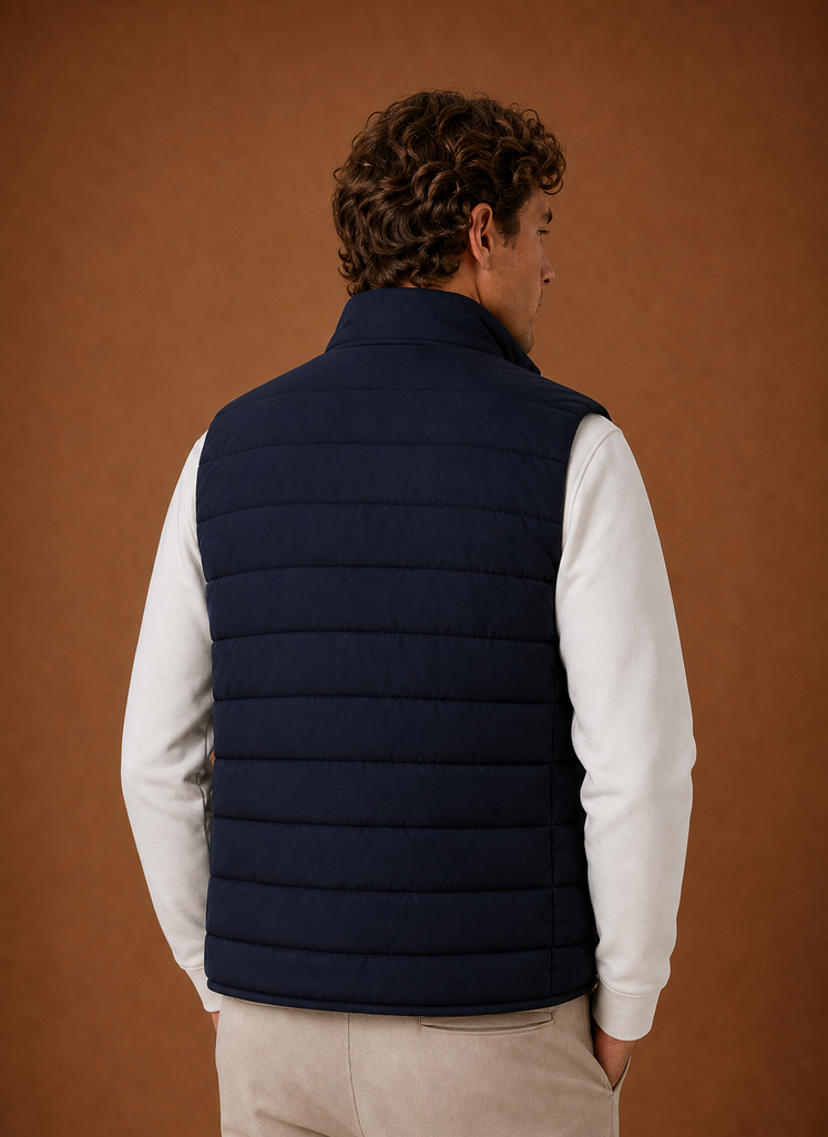 Back view of men's puffer vest showing horizontal quilting and clean lines