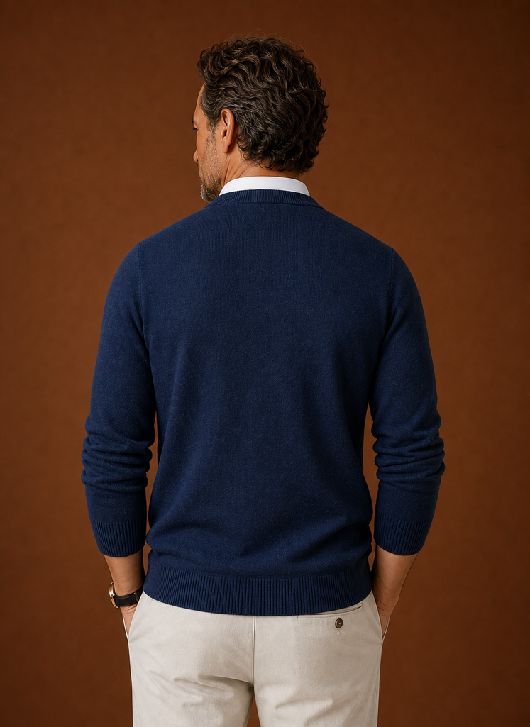 Back view of men's V-neck knit sweater in red