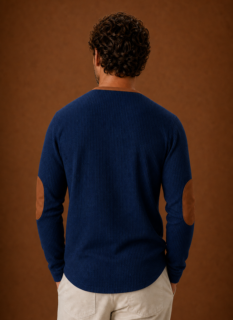 Back view of men's waffle-knit Henley long-sleeve shirt