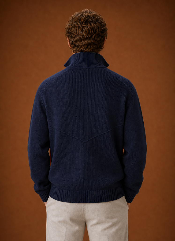 Back view of men's full-zip knit cardigan jacket in navy displaying a clean silhouette