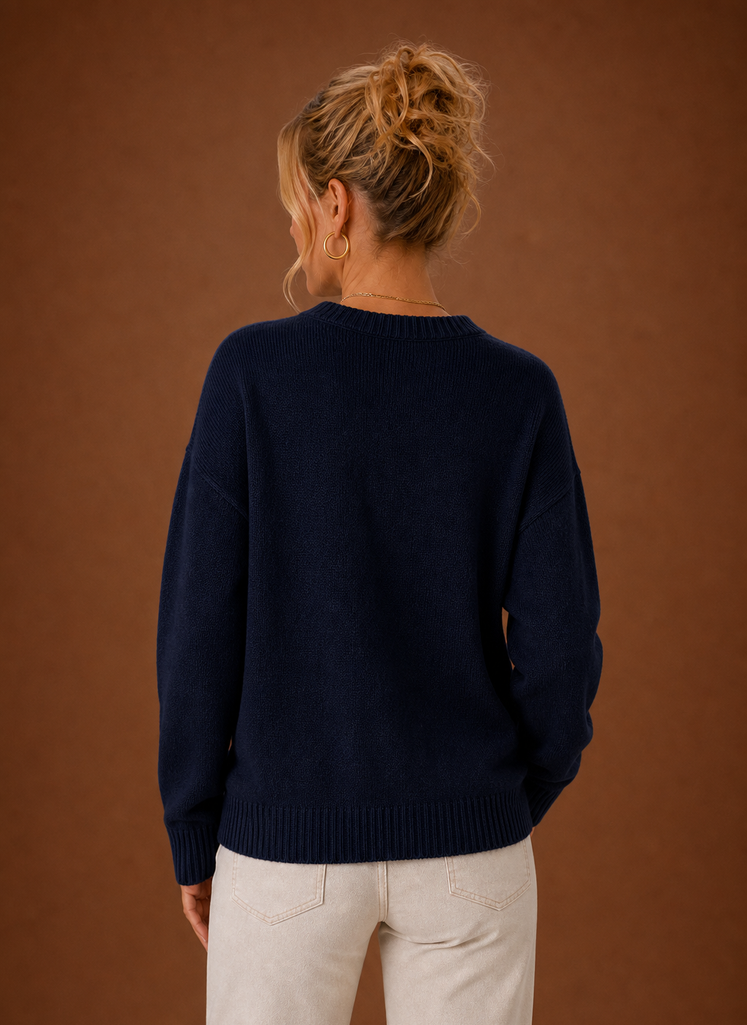 Back view of Areleon crew neck pullover in solid color