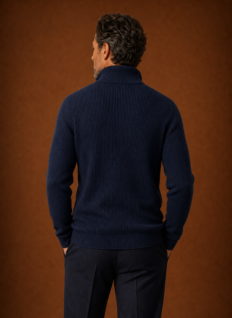 Back view of the quarter-zip ribbed pullover showing the clean hem and knit texture