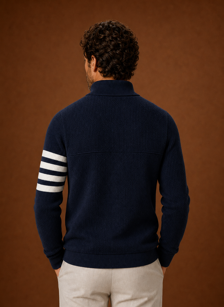 Back view of the striped half-zip sweater showing the full stripe pattern