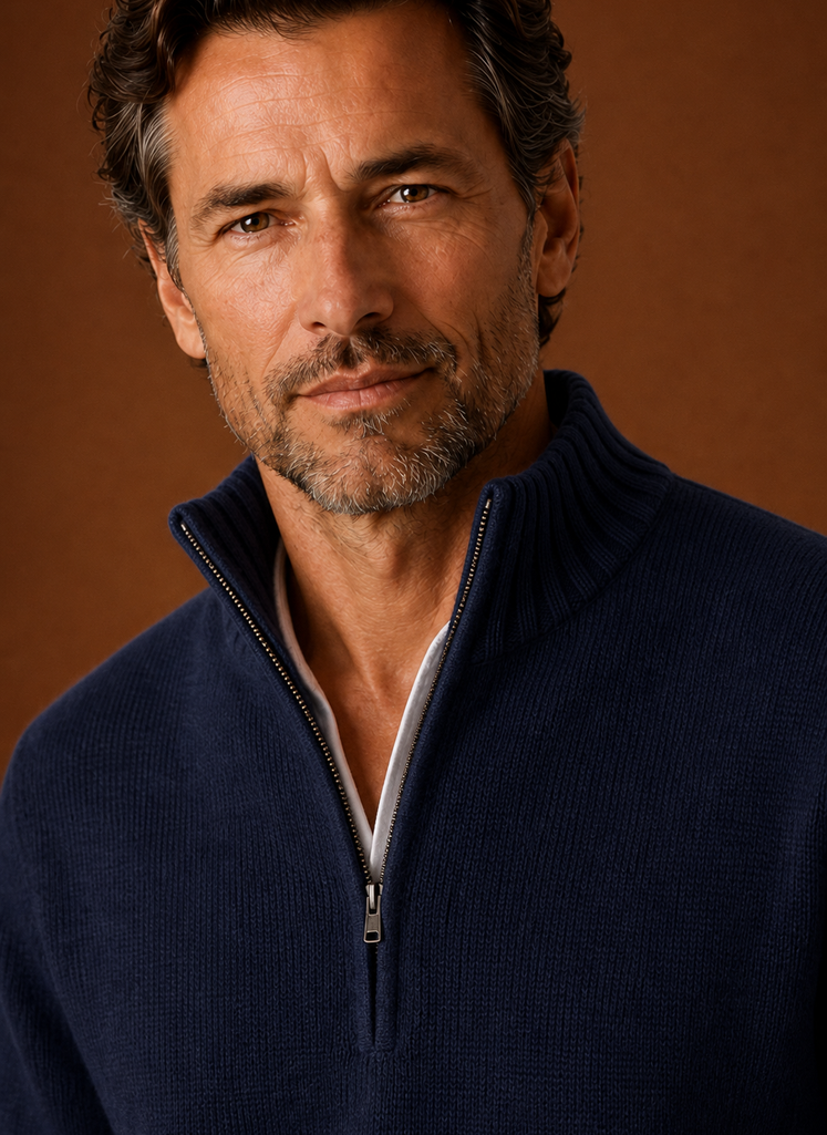 Close-up of Areleon men's half-zip knit sweater showing knit texture and zipper