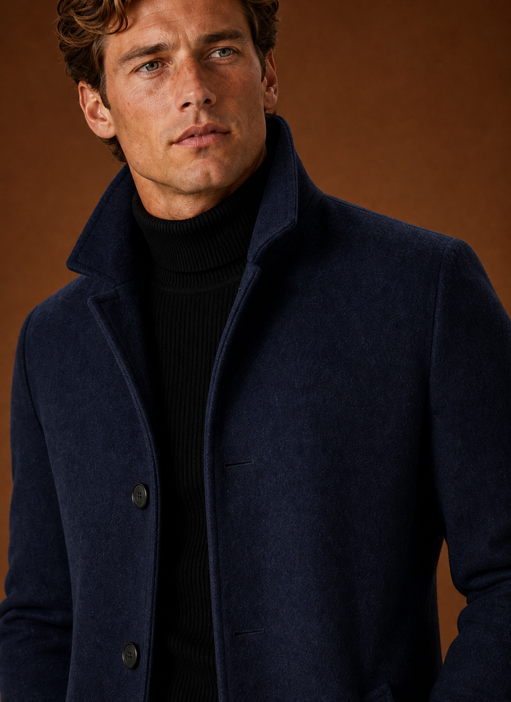 Men's Wool Blend Coat - Classic Button Up Winter Overcoat closeup view