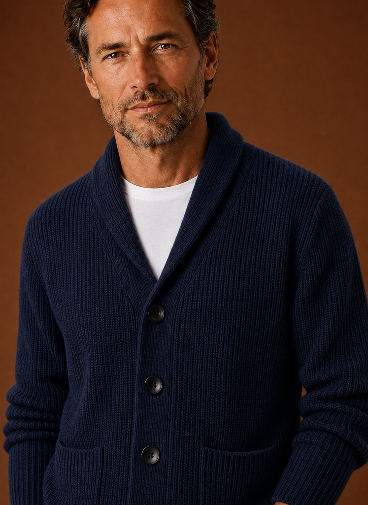 Close-up of the shawl collar and neckline detail