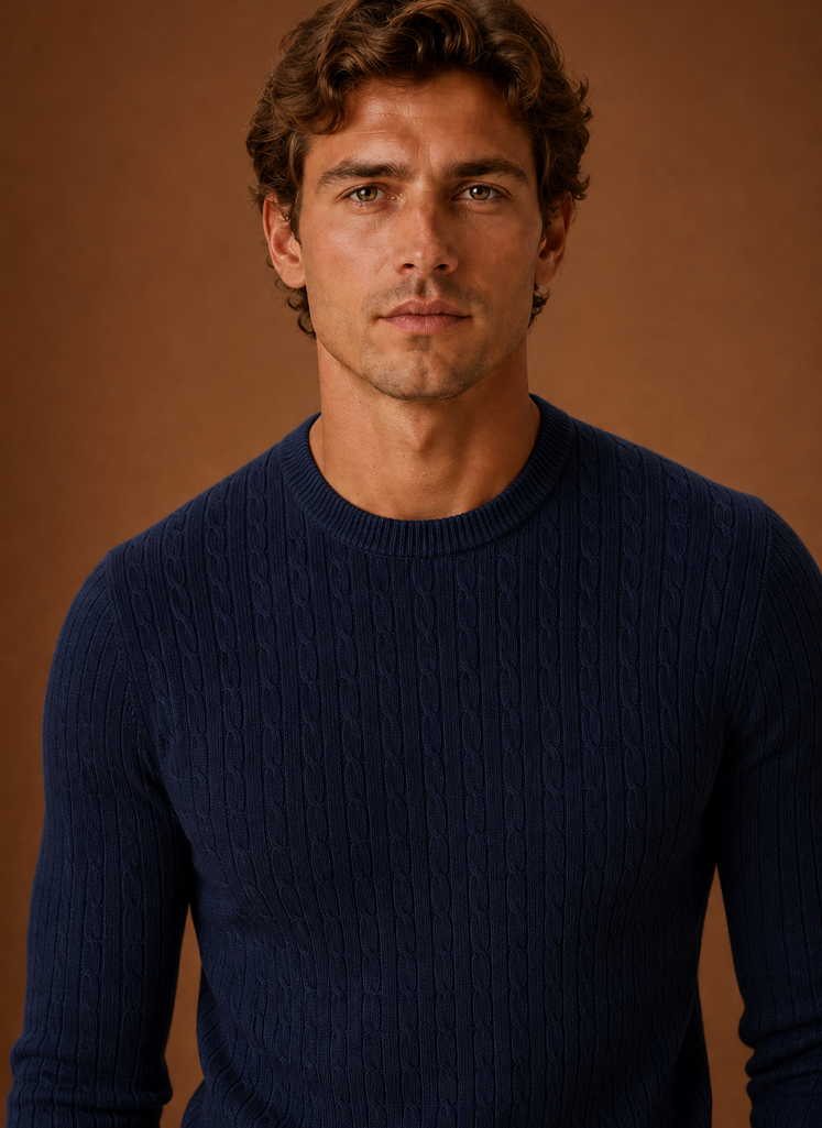 Close-up of cable knit texture and crew neckline on Areleon sweater
