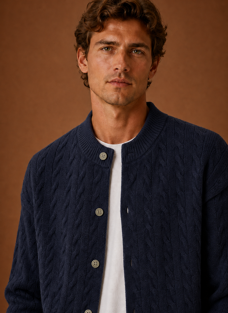 Close-up of cable knit pattern and button-front detail on the cardigan